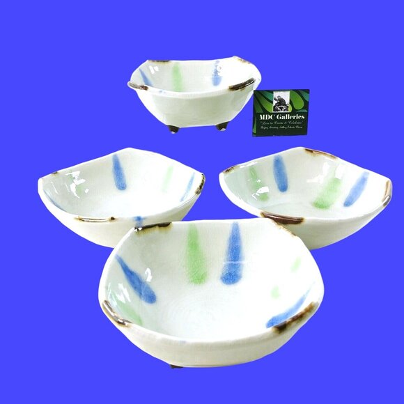 Footed Bowls Dipping Candy Nut Serving Gold Corner Accents Ceramic Set of 4 - Picture 6 of 6